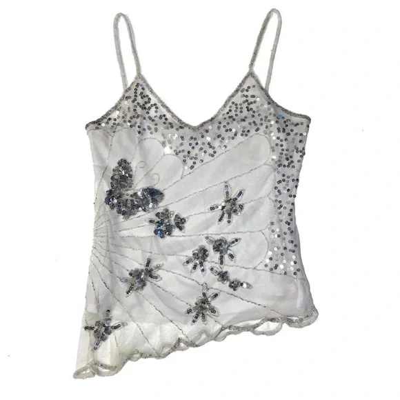 White mesh butterfly sequined asymmetrical top